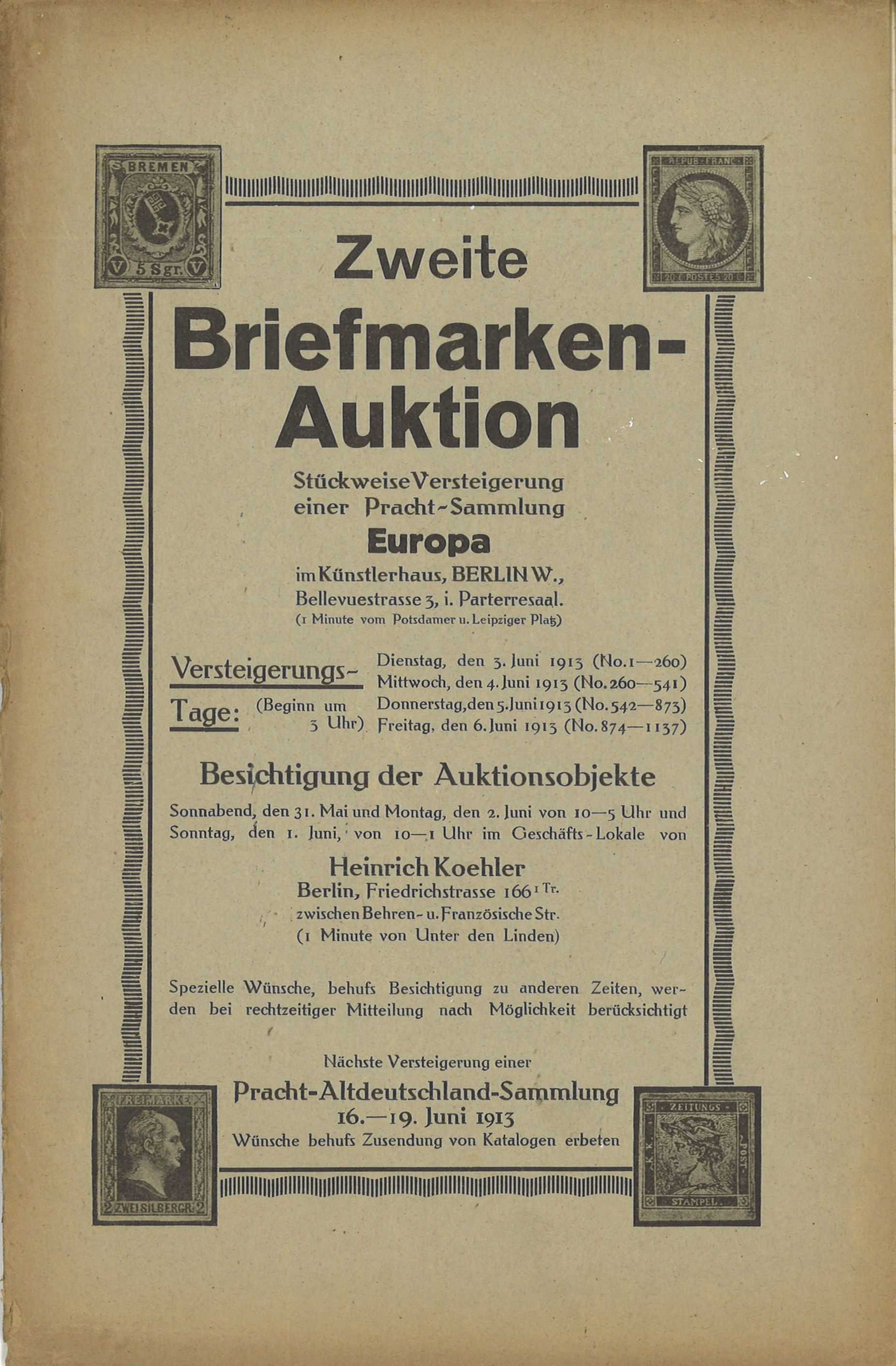 Heinrich Köhler: Auktionskataloge der 1.–10. Auktion (1913–1914) 1